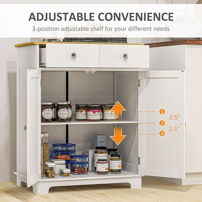 HOMCOM Sideboard with Solid Wood Countertop, Modern Kitchen Storage Cabinet, Coffee Bar Cabinet with 2 Drawers, Doors and Adjustable Shelf, Distressed White
