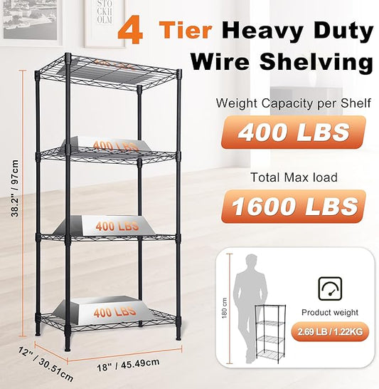 Whitmor 4 Tier Storage Shelves, Heavy Duty Metal Shelving, 400 lbs Capacity per Shelf, 1600 lbs Total, Easy Assembly for Kitchen, Garage, Plant, 18" L x 12" W x 38" H, Black