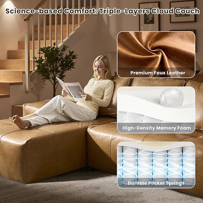 114" Cloud Sectional Couch with L-Shape Chaise & Ottoman, Modern Boneless Couches for Living Room, Fluffy Tufted Deep Seat Modular Sofa No Assembly (Faux Leather,Brown,Left Facing)