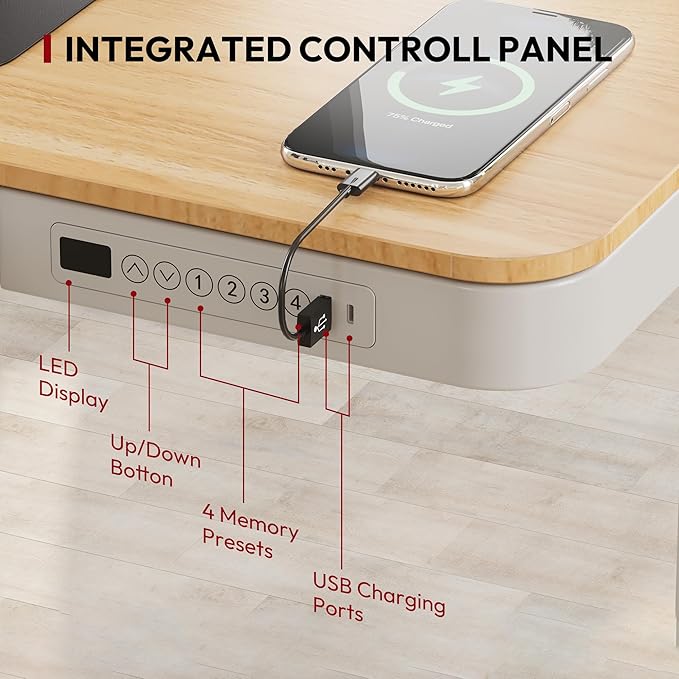 Standing Desk with Drawer, Electric Height Adjustable Home Office Desk with Storage & USB Ports, 48 inch Maple Wood Tabletop/White Frame