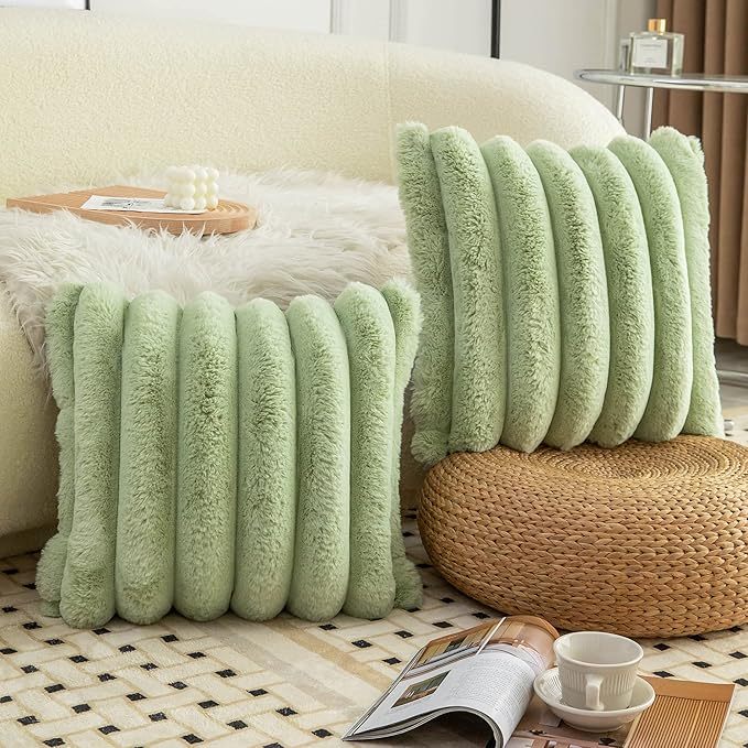 Neelvin Green Faux Fur Cozy Soft Striped Decorative Throw Pillow Covers 20x20 inch Set of 2,Velvet Pillowcase Cushion Case for Sofa Couch