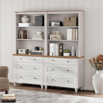3 Tier Bookshelf with 3 Drawers, 72" Tall Bookcase Large Farmhouse Display Book Case Shelf with 3-Tier Open Book Shelfs，Library Wood Bookshelves for Living Room & Kitchen & Bedroom, Off White, 2 PCS