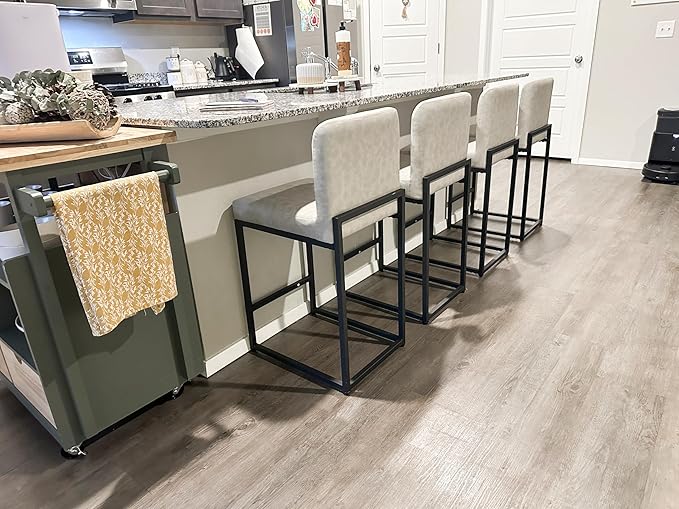 ALPHA HOME 24 Inch Bar Stools Set of 3, Kitchen Counter Stools with Backs, PU Leather Barstools, Kitchen Stools with Back&Upholstered Footrest, Sturdy Chromed Metal Steel Frame, Light Gray