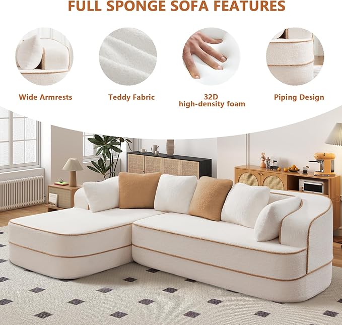 Cloud Sectional Sofa Modern Boneless Couch for Living Room, Comfy Deep Seat Comfy Teddy Fabric Double Sofa Chaise No Assembly Required (White, 106" L Shape with Left Facing)