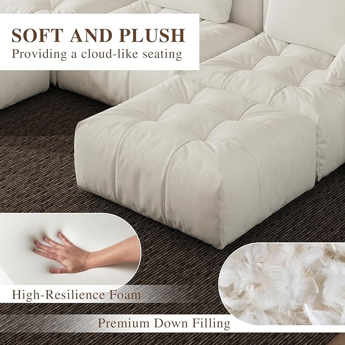 Cloud Sectional Couch for Living Room,Linen Modular Oversized Sofa,Deep Seat Sofas,Down Filled Couches for Apartment,Cream White