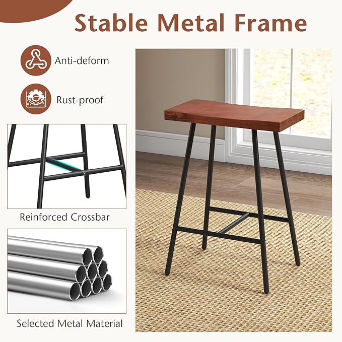 COSTWAY Industrial Bar Stools, 24-inch Backless Counter Height Saddle Stools with Footrest, Metal Legs, Adjustable Foot Pads, Barstools for Kitchen Island Cafe Restaurant, Walnut+Black (Set of 2)