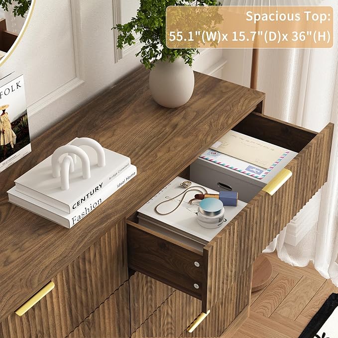 8 Drawer Dresser for Bedroom, Modern Fluted Double Dresser, 55" Wide Chest of Dressers, Mid Century Wooden Beside Table for Closet, Living Room and Entryway, Natural