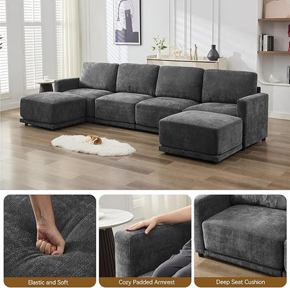 44.2" Chenille Oversized Chair with Movable Ottoman, Modular 1 Seat Couch with Thickened Cushions, Modern Single Sofa Chaise Lounge Reading Chair for Living Room, Small Apartment, Grey
