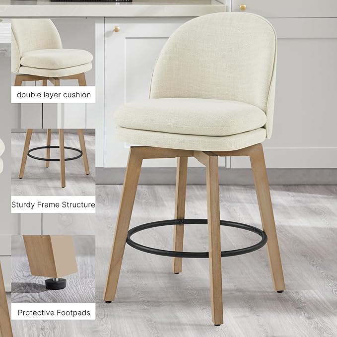 Counter Height Barstools 26 inch Upholstered Swivel Bar Stools with Back and Wood Legs for Kitchen Island,Set of 2,Linen Fabric-Armless