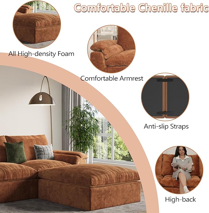 EASE MOOSE Oversized Boneless Couch for Living Room, Sectional Cloud Sofa, Modular Cloud Couch Loveseat, 2-Seat Deep Sofas with Pillow for Bedroom, Apartment, No Assembly Required, Chenille (Brown)
