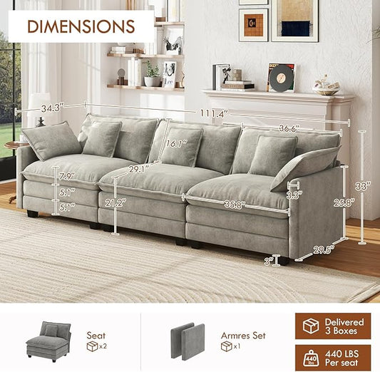 WorthFurni 111.4” Cloud Couch, Modular Sectional Sofa, Comfy Modern 3-Seater Couches with Pillows & Upholstered Deep Seat Cushion for Apartment Living Room Bedroom （Grey）