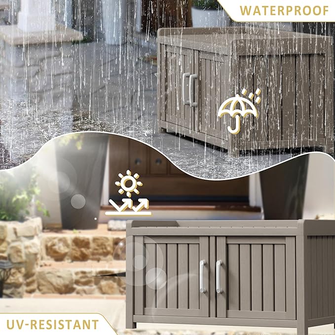 Storage Bench - 2 Doors Waterproof Resin Shoe Bench with Adjustable Shelves - Indoor & Outdoor Use, Entryway Bench with Seating for Bedroom, Living Room, Hallway - Grey