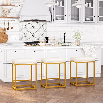 ALPHA HOME 24 Inch Counter Height Bar Stools Set of 2, Upholstered Bar Stools for Kitchen Island, Counter Stools with Faux Leather Cushion and Sturdy Metal Frame, Modern Barstools, White and Gold