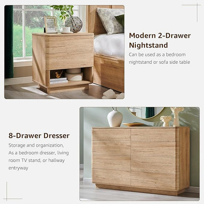 ACCOHOHO Modern Bedroom Set, 3 Pieces Bedroom Furniture Set, Wood 8 Drawer Dresser and Nightstands Set of 2, Chest of Drawers Wide Storage Organizer Cabinet for Bedroom, Natural Oak