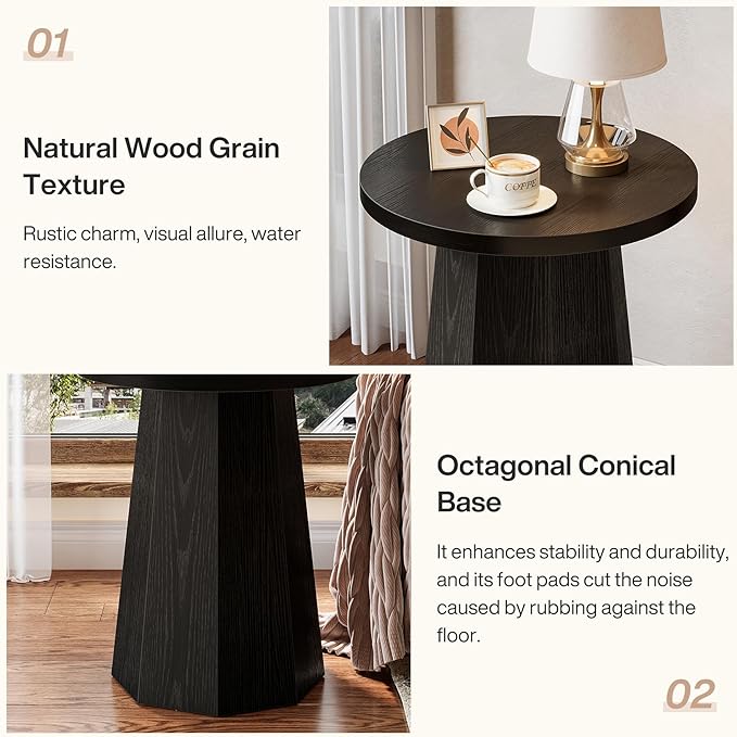 Tribesigns Farmhouse Round End Table, Wooden Couch Side Table with Octagonal Base, Black Nightstand Pedestal Accent Furniture for Living Room, Bedroom (1)