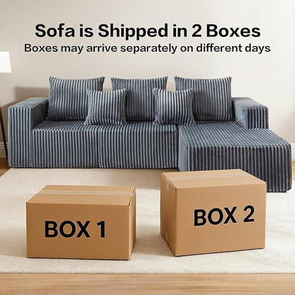 Boneless Couch, Memory Foam Couch in a Box, 100.7" Modular Sectional Couches Corduroy Fabric, Modern Sofa with Deep Seat, Compressed Sofa for Living Room, Bedroom (Grey, Right Facing Chaise)