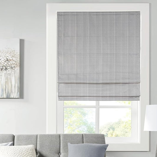 Madison Park Galen Cordless Roman Shade, 27"W x 64"H, Sheen Grey – Room Darkening, Thermal Insulated, Energy Efficient Window Blind with Subtle Sheen Basketweave Fabric for Privacy