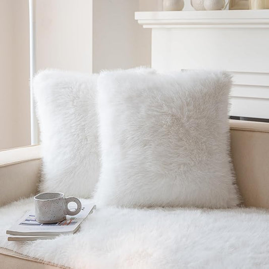 Neelvin Cream White Faux Fur Cozy Fluffy Double-Sided Decorative Throw Pillow Covers 22x22 inch Set of 2,Velvet Pillowcase Cushion Case for Sofa Couch