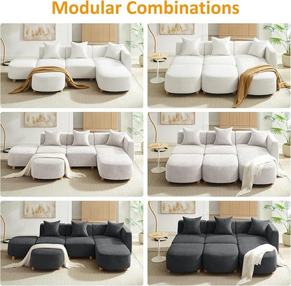 VANOMi 109.84" Modular Sectional Sofa with 3 Pillows, Convertible 5-Seater Comfy Boucle Cloud Couch with Ottoman, Modern Sectional Sofas for Living Room, Office, Apartment (Curry)