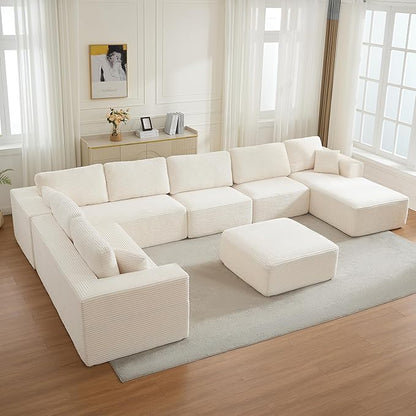 Modular Sectional Cloud Couch for Living Room,Modern Boneless Couche Set with Plush Corduroy,Comfy Floor Sofa with Memory Foam,Stupendous U Shaped Sofa with Ottoman,No Assembly Required,Beige