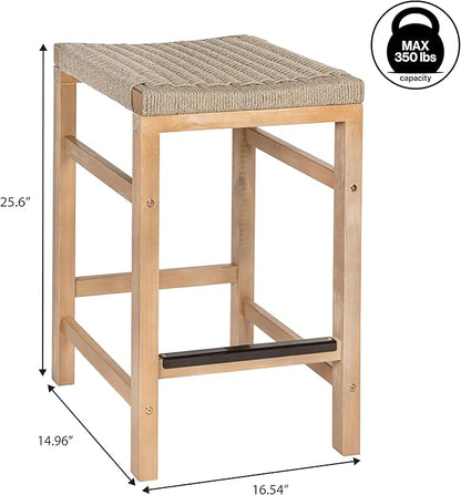JONATHAN Y CSL1201A-SET2 Armand 25.6" Modern Coastal Backless Acacia Wood Outdoor Counter Stool with Woven Rope Seat, for Pool, Deck, Poolside, Light Teak/Ivory (Set of 2)