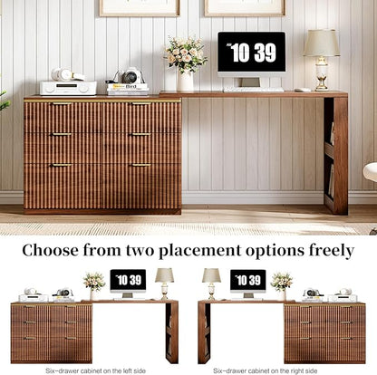 L Shaped Standing Desk,47" Home Office Desks, Executive, Farmhouse Computer Desk with 6 Drawers File Drawer, Rustic Computer Writing, Walnut