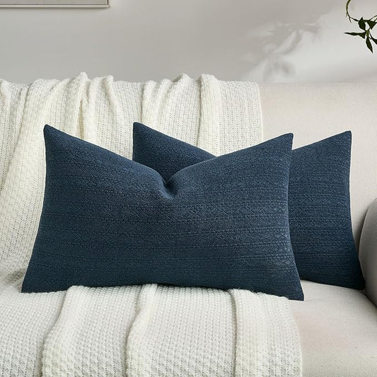 FUTEI Navy Blue Chenille Throw Pillow Covers 12x20 Inch Set of 2,Soft Striped & Diamond Textured Lumbar Pillow Cases,Modern Home Decor for Couch Living Room