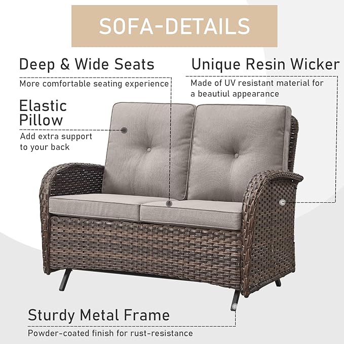 HUMMUH 5-Piece Patio Furniture Set with Fire Pit,Wicker Patio Glider Loveseat Outdoor Swivel Rocker Chairs for Backyard,Poolside,Deck