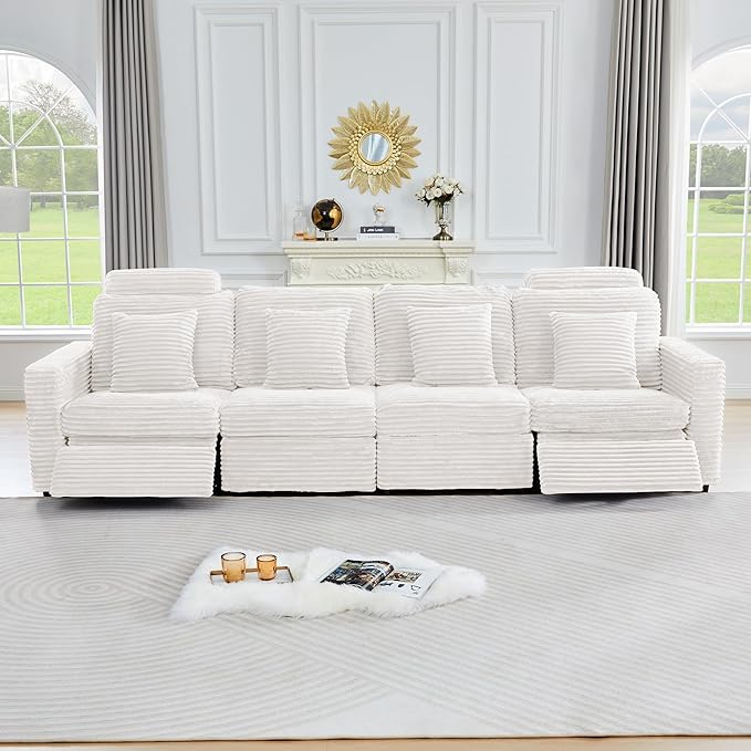 ORRD Power Reclining Sectional Sofa, Electric 4 Seat Recliner with 2 Electric Footrest and Adjustable Headrest, Modern Plush Corduroy Fluffy Modular Sectional with Deep Seat for Living Room-White