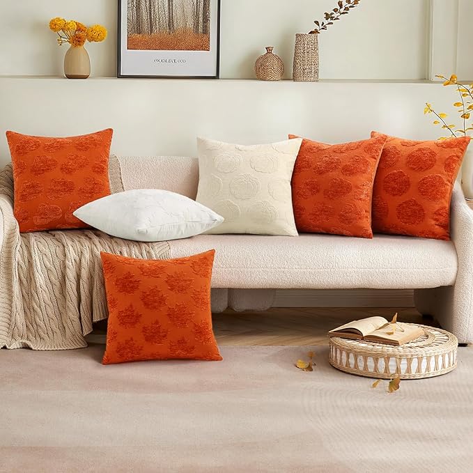 decorUhome Decorative Rust Pumpkin Thanksgiving Throw Pillow Covers 12x20 Set of 2, Soft Chenille Jacquard Farmhouse Textured Pillow Covers for Couch Bed Sofa Autumn Harvest Halloween Holiday