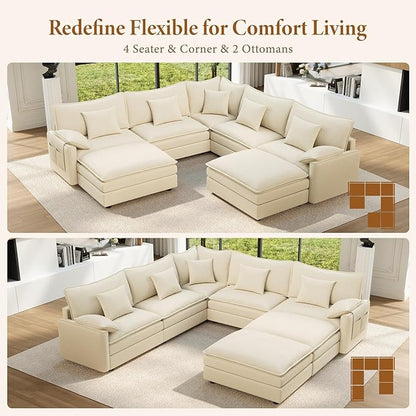 Vesgantti 108" V-Shaped Corner Couch Sectional, 7 Seat Customizable Modular Cloud Couches with Movable Ottoman, Chenille Deep Seat Sofa Set with Chaise for Living Room, Bedroom and Apartment, Beige