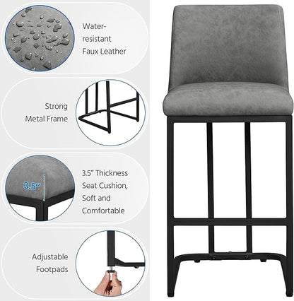 Yaheetech Counter Height Bar Stools 24'' Bar Stools Set of 2 Leather Bar Chairs Modern Upholstered Barstools with Back for Kitchen Counter Gray