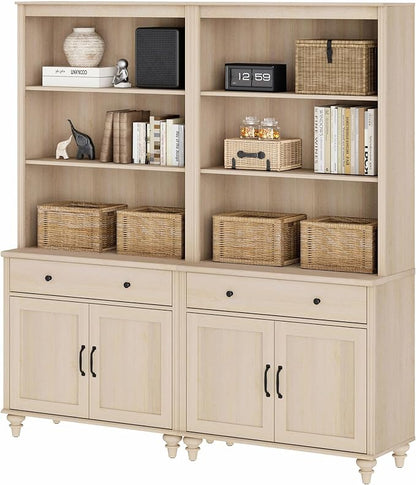 WAMPAT 5 Tier Bookshelf 72" Tall Bookcase with Barn Doors, Large Farmhouse Display Book Shelf with 2 Drawers and Storage Cabinet, Library Wood Bookshelves for Living Room,Kitchen, Light Oak(2PCS)