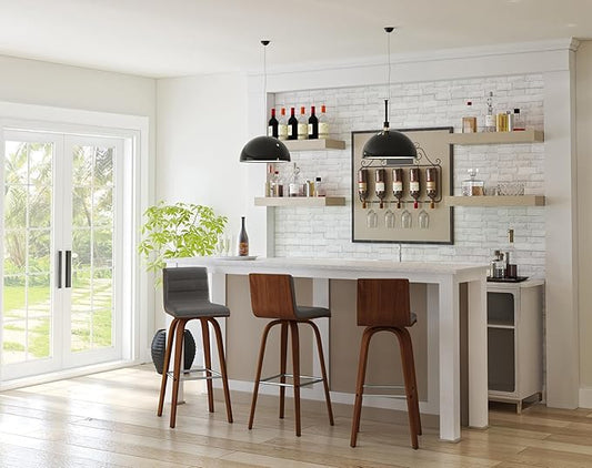 Vienna 30" Swivel Bar Stool in Walnut Wood Finish with Gray Faux Leather - Set of 4