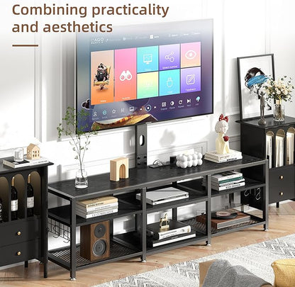 VECELO 63" TV Stand with Mount and Power Outlets, Entertainment Center Console with Open Storage Shelves, Height Adjustable Mount up to 75”, Wooden Table and Metal Frame for Living Room, Modern Black