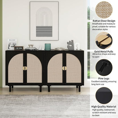 Black Rattan Cabinet-2-Doors,Sideboard Buffet Cabinet with Storage-Accent Storage Cabinet with Cane Door, Boho Wood Credenza for Living Room, Kitchen (Black Set 2)