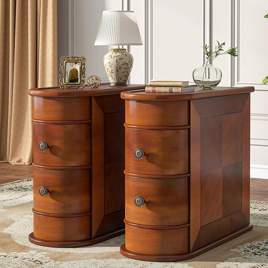 Tribesigns Wood End Table Set of 2, Narrow Solid Side Table 2-Drawer Slim Chair Side Table, No Assembly Required, Finished Back