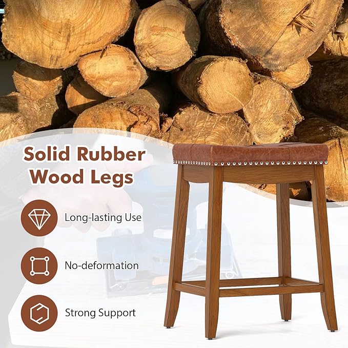 COSTWAY Saddle Bar Stools Set of 4, 25-Inch Counter Height Barstools w/PU Leather Seat, Solid Rubber Wood Frame, Footrest, Mid-Century Backless Counter Stools for Kitchen Island Home Bar