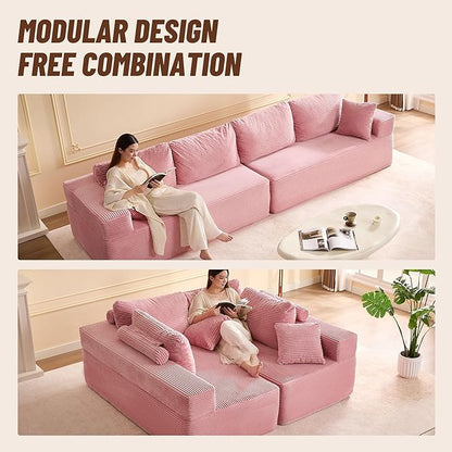 138" Modular Sofa Memory Foam Sectional Couches for Living Room, Sleeper Sofa Bed, Corduroy, Pink