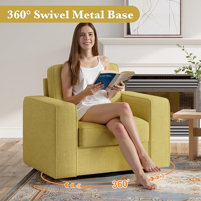 36'' Width 360 Rotation Swivel Accent Chair, Extra Wide Armrests Mid-Century Modern Armchair 1 pcs for Living Room, Bedroom, Office-Yellow