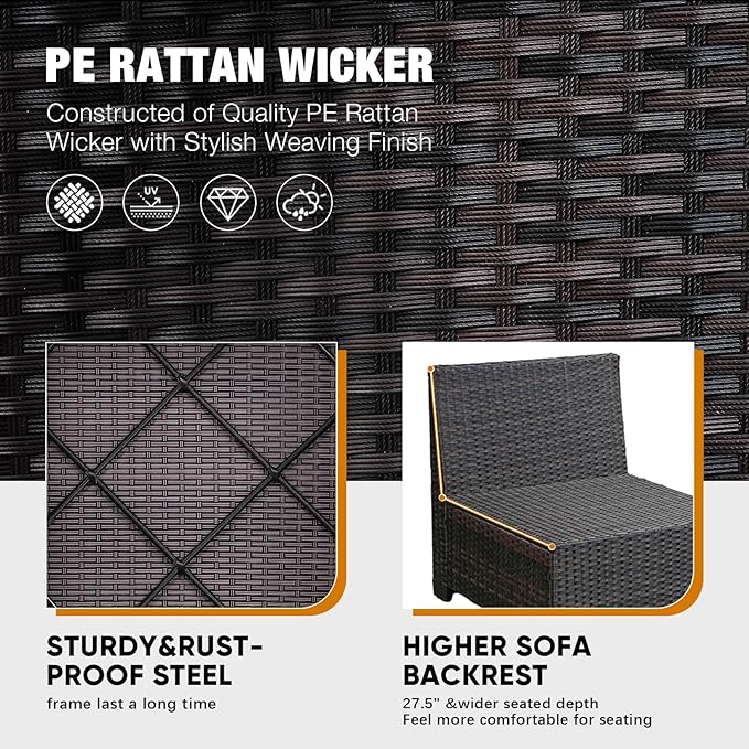 10 Pieces Patio Furniture Set All-Weather Outdoor Wicker Sectional Conversation Sofa Rattan Patio Seating Sofa with Cushion and Glass Table for Porch Poolside,Peacock Blue