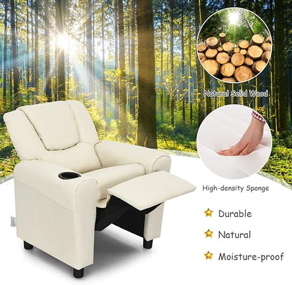Costzon Kids Recliner Chair with Cup Holder, Toddler Furniture Children Armrest Sofa w/Headrest & Footrest for Girls Boys Baby Bedroom, Kids Room, PU Leather Kids Recliner Couch (Beige)