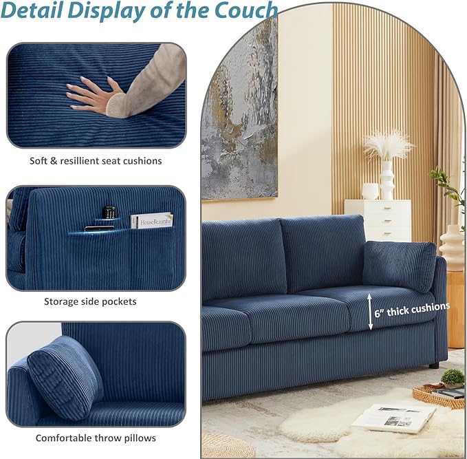 79" 3 Seater Couches for Living Room, Modern Corduroy Sofa with 2 Pillows and Storage Pockets, Comfy Small Couches for Apartment, Small Spaces, Home Office, Navy Blue