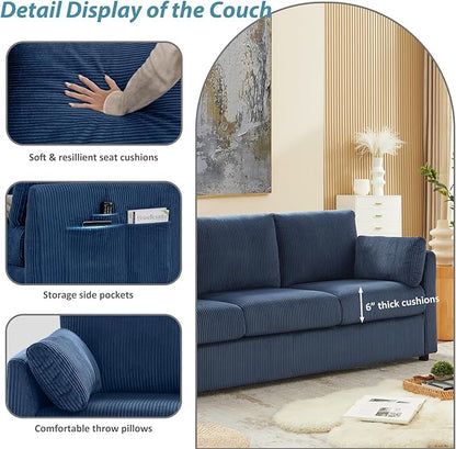 Living Room Sofa Set, Corduroy 3-Seat Couch with Set of 2 Accent Side Chairs, Soft Pillows and Side Pockets, Modern Living Room Furniture Sets for Apartment, Small Spaces, Navy Blue