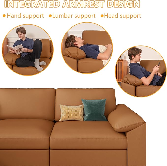 EASE MOOSE Loveseat Sofa for Living Room,Oversized Deep Seat Modular Sectional,Modern Comfy 2 Seater Sofas,Scratch Resistant Faux Leather Couch for Small Spaces, Brown