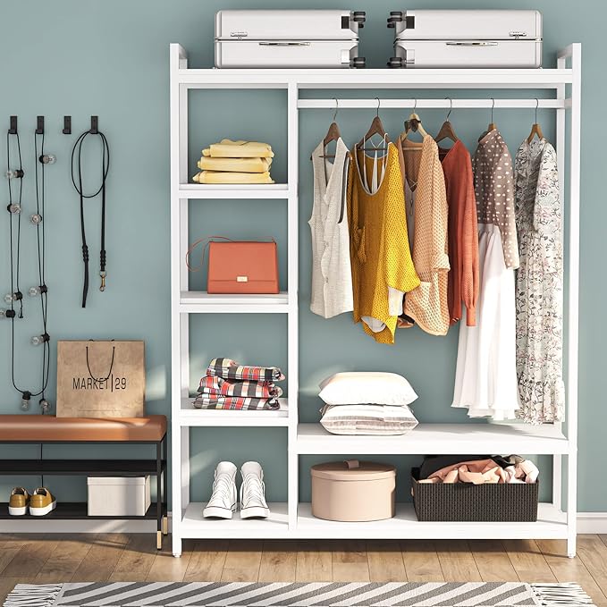 LITTLE TREE Free Standing Wood Closet Clothes Rack,Heavy Duty Grament Rack with Shelves,Hanging Racks for Clothes Clothing Rack for Bedrom,Wardrobe Closet Organizer,350 lb Capacity