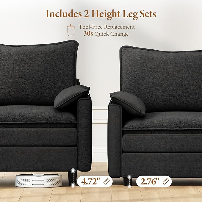 Vesgantti 108" V-Shaped Corner Couch Sectional, 7 Seat Customizable Modular Cloud Couches with Movable Ottoman, Chenille Deep Seat Sofa Set with Chaise for Living Room, Bedroom and Apartment, Black