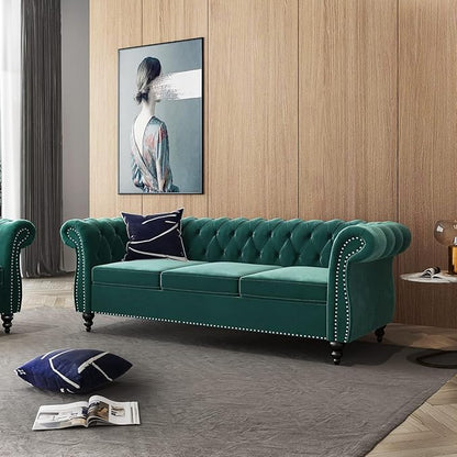 Chesterfield 3 Seater Sofa, Modern Velvet Tufted Couch 3 Seater with Rolled Arms and Nailhead Mid-Century Upholstered Couch for Living Room, Bedroom, Apartment and Office, Green