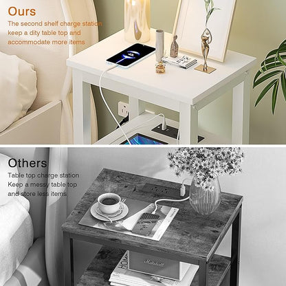 VECELO Modern Nightstands with Charging Station,Side End Table Night Stand with Storage Shelf for Small Spaces, Bedroom,Living Room