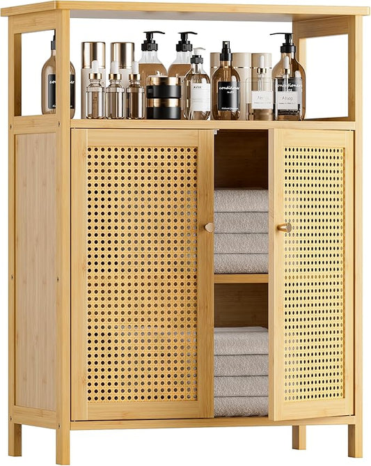 HITNET Rattan Bathroom Storage Cabinet, Bamboo Floor Cupboard with 2 Doors, Freestanding Side Organizer for Living Room, Kitchen, Entryway, Natural